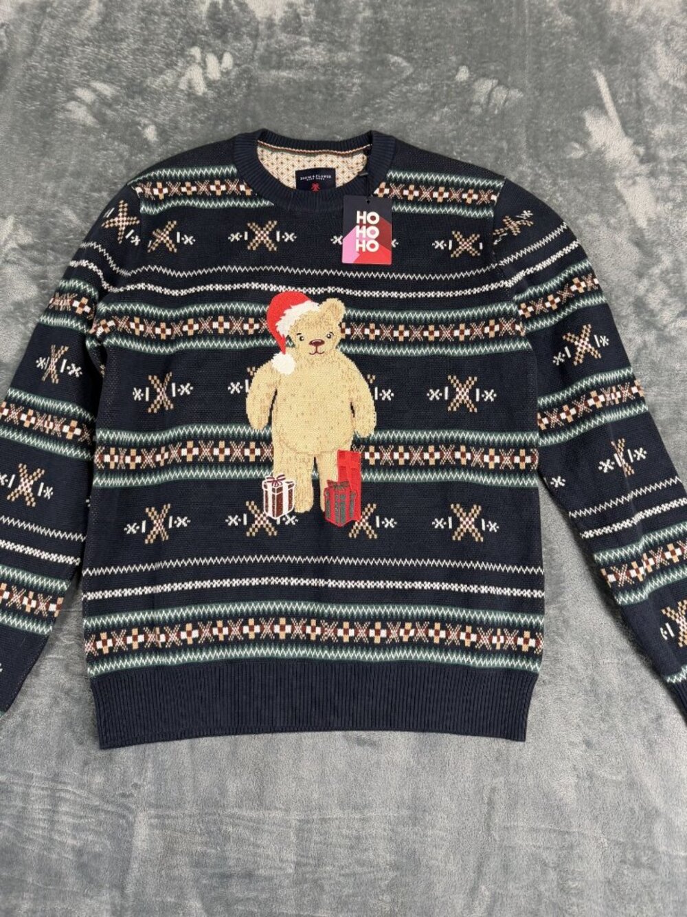 Denim & Flower Mens Christmas Sweater Teddy Bear Fair Isle Navy NWT Large